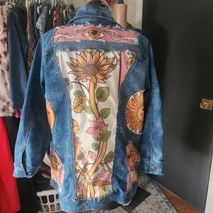 Custom Upcycled Denim Jacket with Sunflower and Eye Design